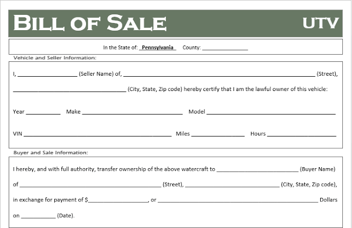 A sample of the selling bill of an ATV in Pennsylvania